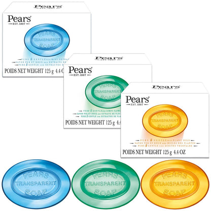Pears Pure & Gentle Glycerin Soap Variety 3-Pack – Blue Mint, Green Lemon Flower, Amber Natural Oils, 4.4 Oz Each