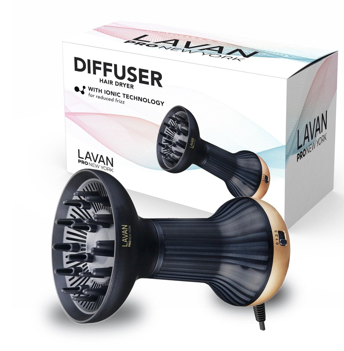 LAVANPRO NEW YORK Gold Diffuser Hair Dryer for Curly Hair – Ionic Technology with Adjustable Heat & Speed Settings for Frizz-Free, Defined Curls, Lightweight Avelisse