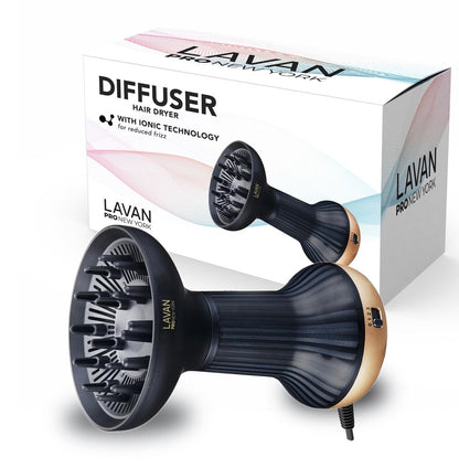 LAVANPRO NEW YORK Gold Diffuser Hair Dryer for Curly Hair – Ionic Technology with Adjustable Heat & Speed Settings for Frizz-Free, Defined Curls, Lightweight Avelisse