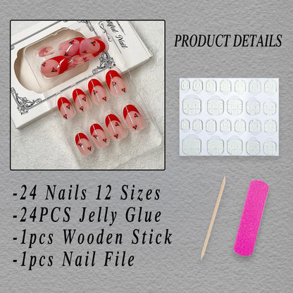 ROFIBUT Red French Tip Press on Nails - Almond Short Fake Nails Cute Nude Pink Full Cover Glue on Nails with Red Cherry Glossy Artificial Stick on Nails Reusable Acrylic False Nail for Women Girls 24Pcs