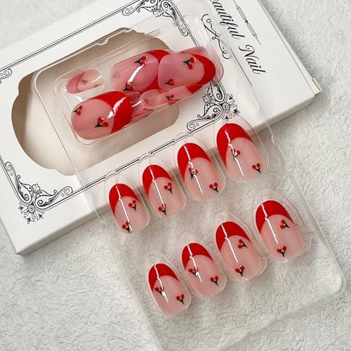 ROFIBUT Red French Tip Press on Nails - Almond Short Fake Nails Cute Nude Pink Full Cover Glue on Nails with Red Cherry Glossy Artificial Stick on Nails Reusable Acrylic False Nail for Women Girls 24Pcs - görsel 10