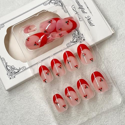 ROFIBUT Red French Tip Press on Nails - Almond Short Fake Nails Cute Nude Pink Full Cover Glue on Nails with Red Cherry Glossy Artificial Stick on Nails Reusable Acrylic False Nail for Women Girls 24Pcs