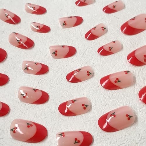 ROFIBUT Red French Tip Press on Nails - Almond Short Fake Nails Cute Nude Pink Full Cover Glue on Nails with Red Cherry Glossy Artificial Stick on Nails Reusable Acrylic False Nail for Women Girls 24Pcs - görsel 8