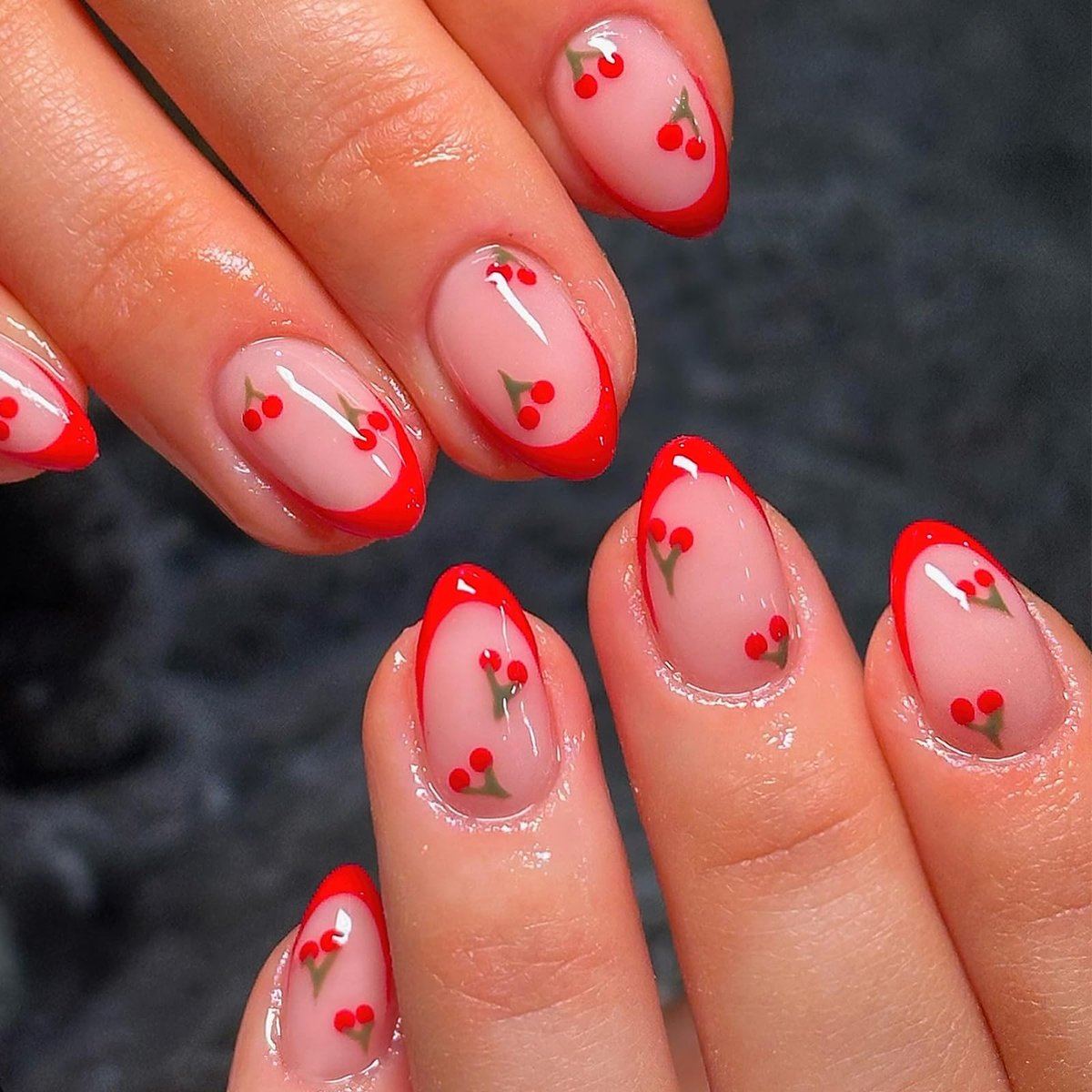ROFIBUT Red French Tip Press on Nails - Almond Short Fake Nails Cute Nude Pink Full Cover Glue on Nails with Red Cherry Glossy Artificial Stick on Nails Reusable Acrylic False Nail for Women Girls 24Pcs - görsel 1