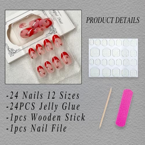 ROFIBUT Red French Tip Press on Nails - Almond Short Fake Nails Cute Nude Pink Full Cover Glue on Nails with Red Cherry Glossy Artificial Stick on Nails Reusable Acrylic False Nail for Women Girls 24Pcs - görsel 4
