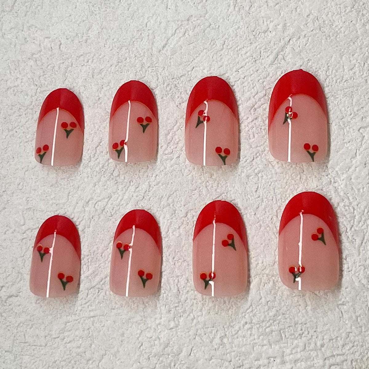 ROFIBUT Red French Tip Press on Nails - Almond Short Fake Nails Cute Nude Pink Full Cover Glue on Nails with Red Cherry Glossy Artificial Stick on Nails Reusable Acrylic False Nail for Women Girls 24Pcs - görsel 5