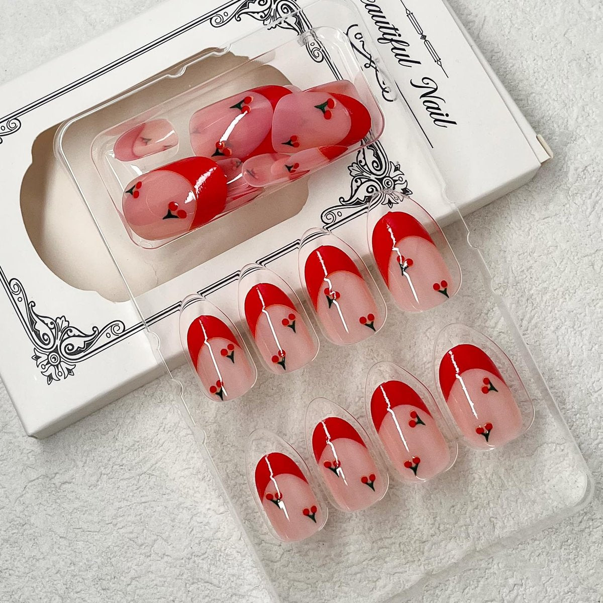 ROFIBUT Red French Tip Press on Nails - Almond Short Fake Nails Cute Nude Pink Full Cover Glue on Nails with Red Cherry Glossy Artificial Stick on Nails Reusable Acrylic False Nail for Women Girls 24Pcs - görsel 9
