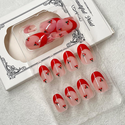 ROFIBUT Red French Tip Press on Nails - Almond Short Fake Nails Cute Nude Pink Full Cover Glue on Nails with Red Cherry Glossy Artificial Stick on Nails Reusable Acrylic False Nail for Women Girls 24Pcs