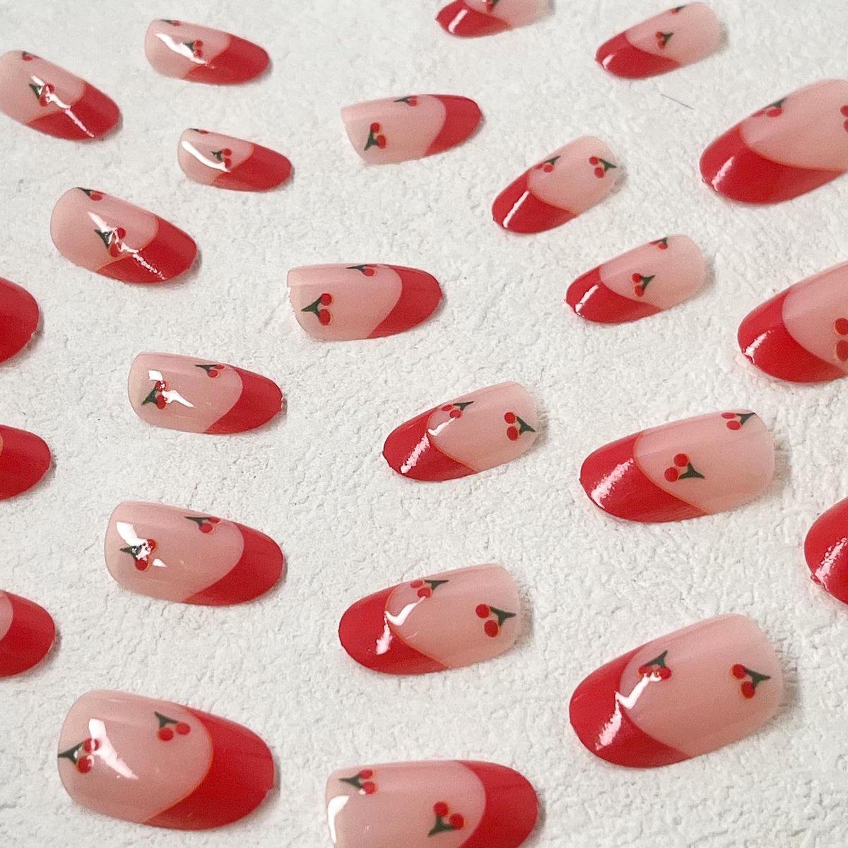ROFIBUT Red French Tip Press on Nails - Almond Short Fake Nails Cute Nude Pink Full Cover Glue on Nails with Red Cherry Glossy Artificial Stick on Nails Reusable Acrylic False Nail for Women Girls 24Pcs - görsel 7