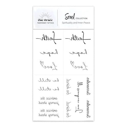 One Grace Soul Collection - Inspirational Motivational Temporary Tattoos for Women and Men - Small Black Waterproof Long Lasting