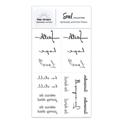 One Grace Soul Collection - Inspirational Motivational Temporary Tattoos for Women and Men - Small Black Waterproof Long Lasting