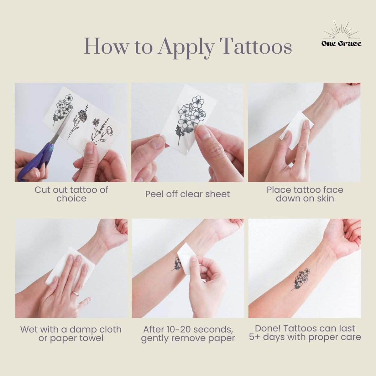 One Grace Believe Collection - Inspirational & Motivational Small Temporary Tattoos - Realistic, Long Lasting, Waterproof Black Mini Tattoos for Women and Men - görsel 9