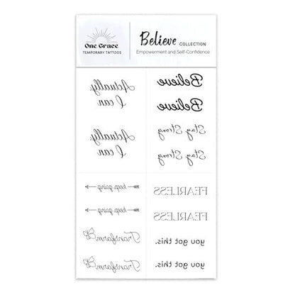 One Grace Believe Collection - Inspirational & Motivational Small Temporary Tattoos - Realistic, Long Lasting, Waterproof Black Mini Tattoos for Women and Men