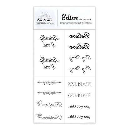 One Grace Believe Collection - Inspirational & Motivational Small Temporary Tattoos - Realistic, Long Lasting, Waterproof Black Mini Tattoos for Women and Men