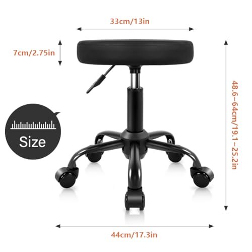 KKTONER Round Rolling Stool Height Adjustable Stool PU Leather Chair with Wheels Salon Spa Drafting Stools Small (Black) Avelisse