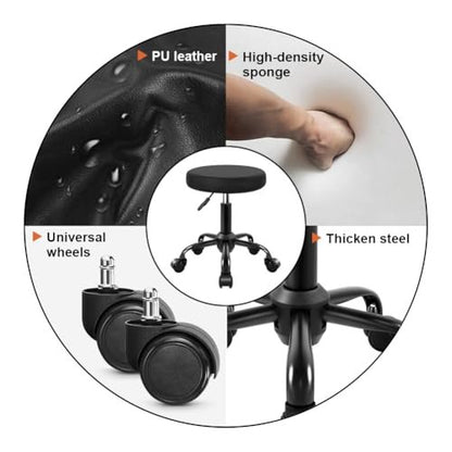 KKTONER Round Rolling Stool Height Adjustable Stool PU Leather Chair with Wheels Salon Spa Drafting Stools Small (Black) Avelisse