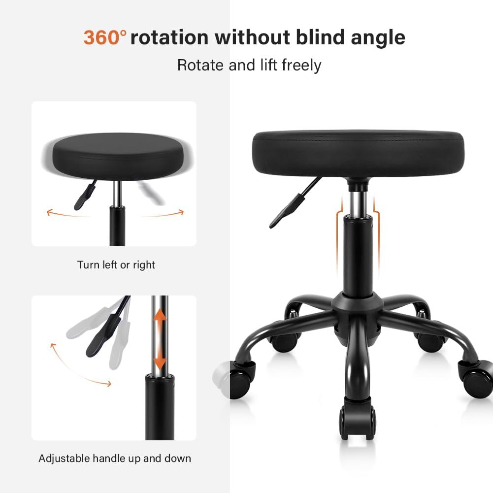 KKTONER Round Rolling Stool Height Adjustable Stool PU Leather Chair with Wheels Salon Spa Drafting Stools Small (Black) Avelisse