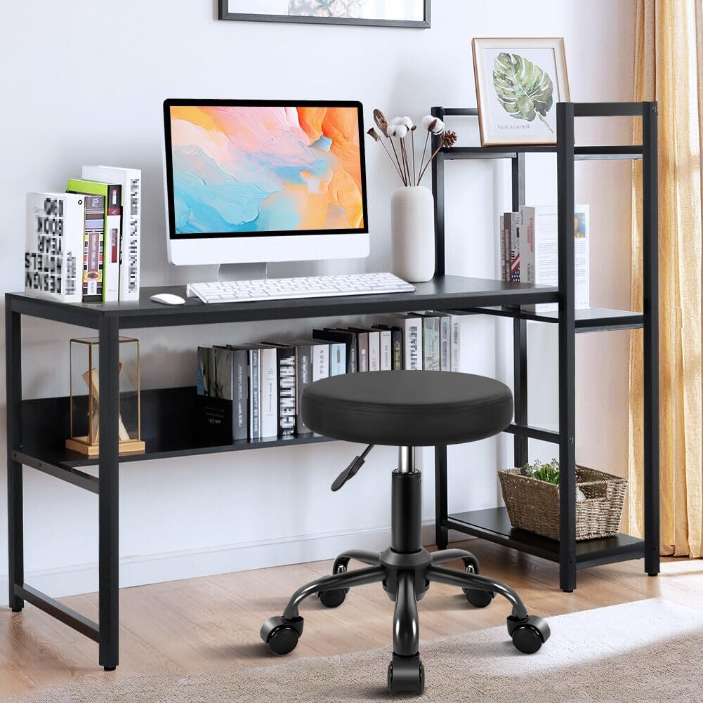KKTONER Round Rolling Stool Height Adjustable Stool PU Leather Chair with Wheels Salon Spa Drafting Stools Small (Black) Avelisse
