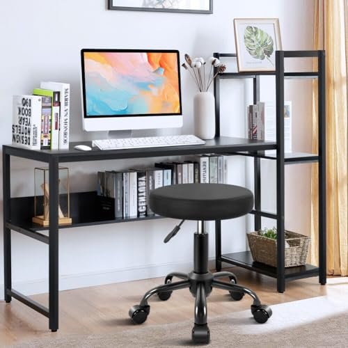 KKTONER Round Rolling Stool Height Adjustable Stool PU Leather Chair with Wheels Salon Spa Drafting Stools Small (Black) Avelisse