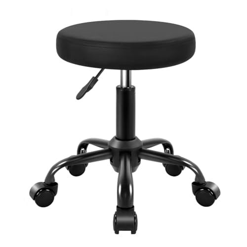 KKTONER Round Rolling Stool Height Adjustable Stool PU Leather Chair with Wheels Salon Spa Drafting Stools Small (Black) Avelisse