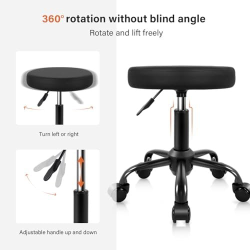 KKTONER Round Rolling Stool Height Adjustable Stool PU Leather Chair with Wheels Salon Spa Drafting Stools Small (Black) Avelisse