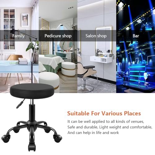 KKTONER Round Rolling Stool Height Adjustable Stool PU Leather Chair with Wheels Salon Spa Drafting Stools Small (Black) Avelisse
