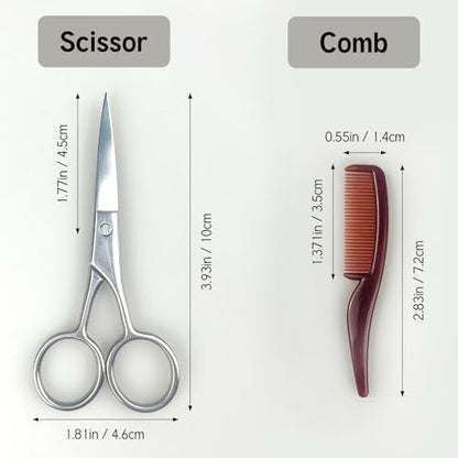 Jaasuee Mustache Grooming Set - Precision Scissors and Comb Kit for Men, Stainless Steel Facial Hair Trimming Scissors and Moustache Comb, Travel-Friendly