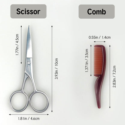 Jaasuee Mustache Grooming Set - Precision Scissors and Comb Kit for Men, Stainless Steel Facial Hair Trimming Scissors and Moustache Comb, Travel-Friendly