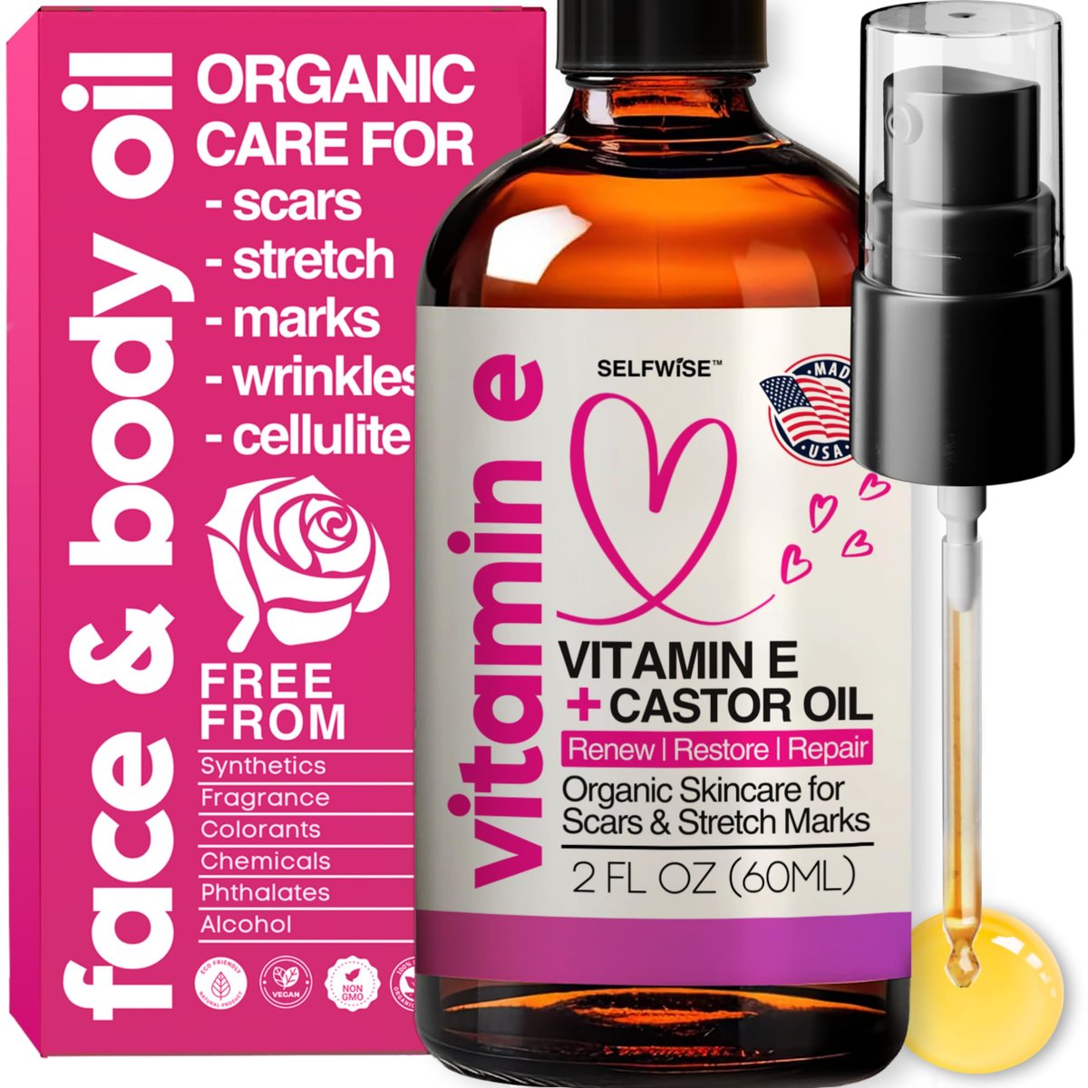 Organic Vitamin E Oil for Scars, Stretch Marks, Wrinkles & Cellulite – Scar Away Treatment with Castor, Rosehip, Jojoba, Almond – Hydrating & Moisturizing Face & Body Oil, 2 Fl Oz Avelisse