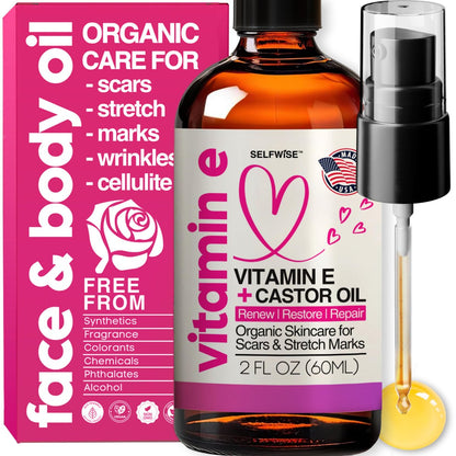Organic Vitamin E Oil for Scars, Stretch Marks, Wrinkles & Cellulite – Scar Away Treatment with Castor, Rosehip, Jojoba, Almond – Hydrating & Moisturizing Face & Body Oil, 2 Fl Oz Avelisse