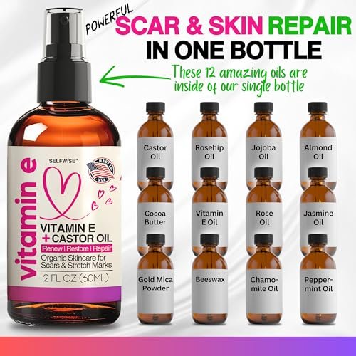 Organic Vitamin E Oil for Scars, Stretch Marks, Wrinkles & Cellulite – Scar Away Treatment with Castor, Rosehip, Jojoba, Almond – Hydrating & Moisturizing Face & Body Oil, 2 Fl Oz Avelisse