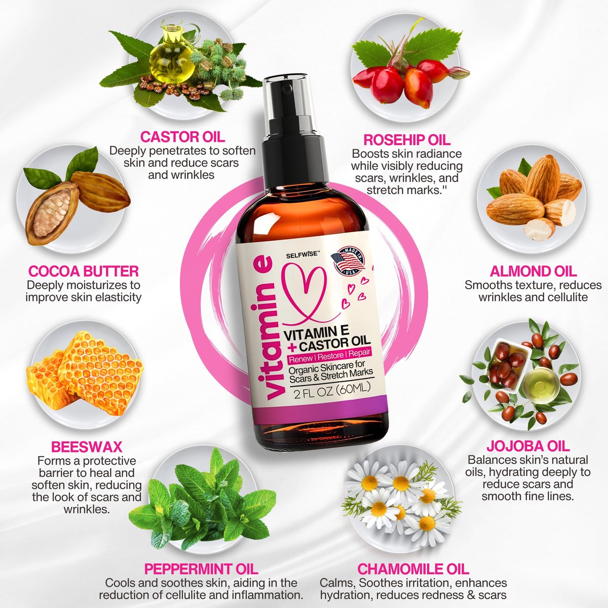 Organic Vitamin E Oil for Scars, Stretch Marks, Wrinkles & Cellulite – Scar Away Treatment with Castor, Rosehip, Jojoba, Almond – Hydrating & Moisturizing Face & Body Oil, 2 Fl Oz Avelisse