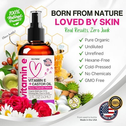 Organic Vitamin E Oil for Scars, Stretch Marks, Wrinkles & Cellulite – Scar Away Treatment with Castor, Rosehip, Jojoba, Almond – Hydrating & Moisturizing Face & Body Oil, 2 Fl Oz Avelisse