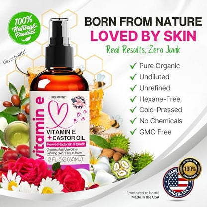 Organic Vitamin E Oil for Scars, Stretch Marks, Wrinkles & Cellulite – Scar Away Treatment with Castor, Rosehip, Jojoba, Almond – Hydrating & Moisturizing Face & Body Oil, 2 Fl Oz Avelisse