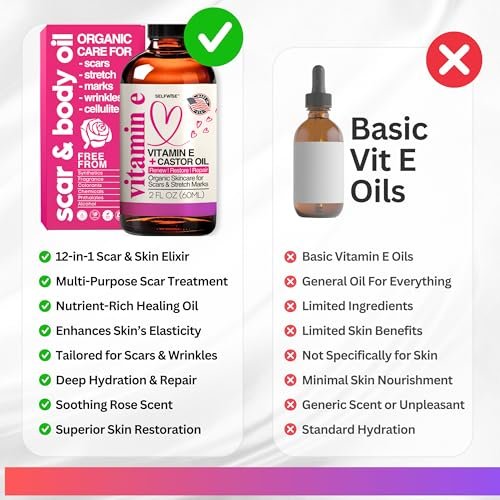 Organic Vitamin E Oil for Scars, Stretch Marks, Wrinkles & Cellulite – Scar Away Treatment with Castor, Rosehip, Jojoba, Almond – Hydrating & Moisturizing Face & Body Oil, 2 Fl Oz Avelisse