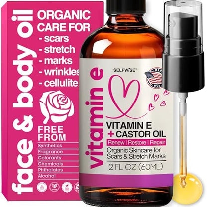 Organic Vitamin E Oil for Scars, Stretch Marks, Wrinkles & Cellulite – Scar Away Treatment with Castor, Rosehip, Jojoba, Almond – Hydrating & Moisturizing Face & Body Oil, 2 Fl Oz Avelisse