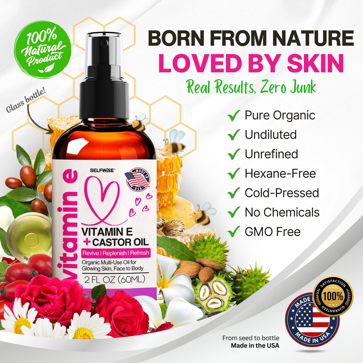 Organic Vitamin E Oil for Scars, Stretch Marks, Wrinkles & Cellulite – Scar Away Treatment with Castor, Rosehip, Jojoba, Almond – Hydrating & Moisturizing Face & Body Oil, 2 Fl Oz Avelisse