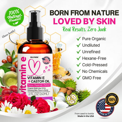Organic Vitamin E Oil for Scars, Stretch Marks, Wrinkles & Cellulite – Scar Away Treatment with Castor, Rosehip, Jojoba, Almond – Hydrating & Moisturizing Face & Body Oil, 2 Fl Oz Avelisse