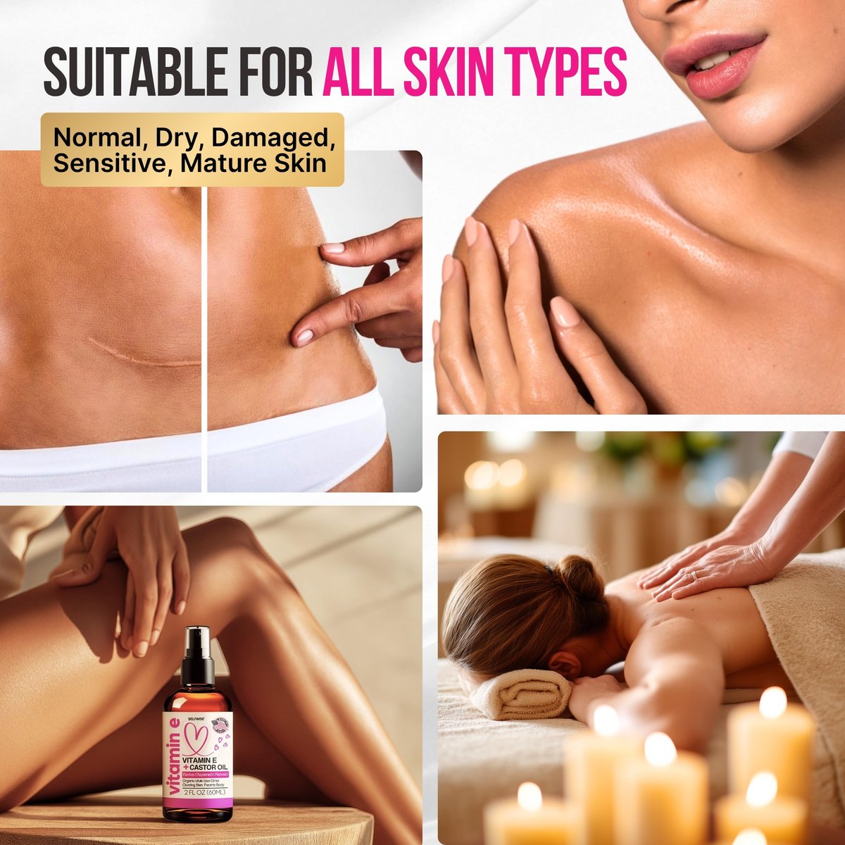 Organic Vitamin E Oil for Scars, Stretch Marks, Wrinkles & Cellulite – Scar Away Treatment with Castor, Rosehip, Jojoba, Almond – Hydrating & Moisturizing Face & Body Oil, 2 Fl Oz Avelisse