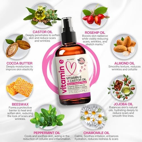 Organic Vitamin E Oil for Scars, Stretch Marks, Wrinkles & Cellulite – Scar Away Treatment with Castor, Rosehip, Jojoba, Almond – Hydrating & Moisturizing Face & Body Oil, 2 Fl Oz Avelisse