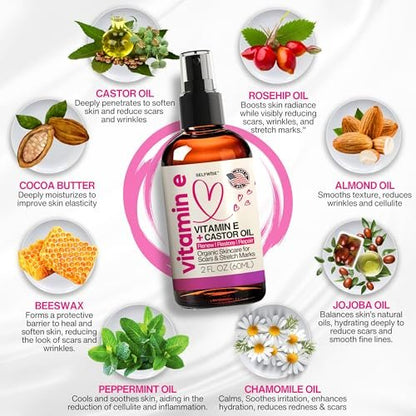 Organic Vitamin E Oil for Scars, Stretch Marks, Wrinkles & Cellulite – Scar Away Treatment with Castor, Rosehip, Jojoba, Almond – Hydrating & Moisturizing Face & Body Oil, 2 Fl Oz Avelisse