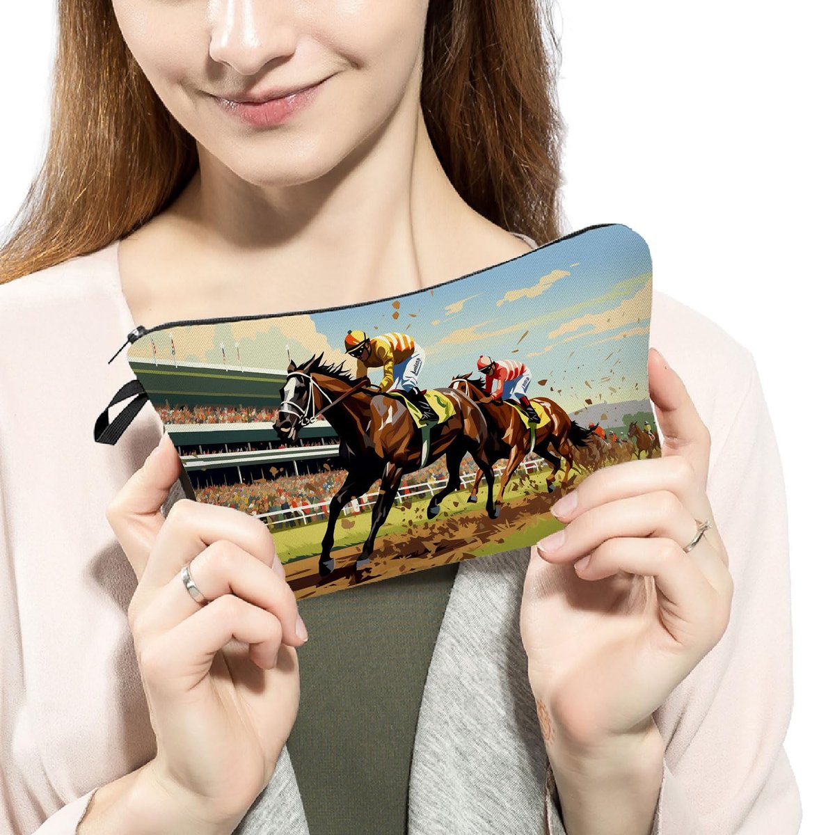 Livel lhood Kentucky Horse Race Makeup Bag – Horse Racing Illustration Print Cosmetic Pouch for Women & Racing Fans - görsel 7