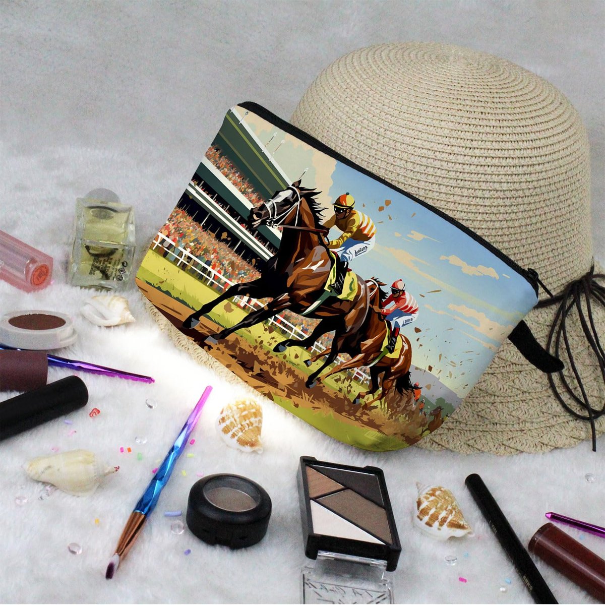 Livel lhood Kentucky Horse Race Makeup Bag – Horse Racing Illustration Print Cosmetic Pouch for Women & Racing Fans - görsel 9
