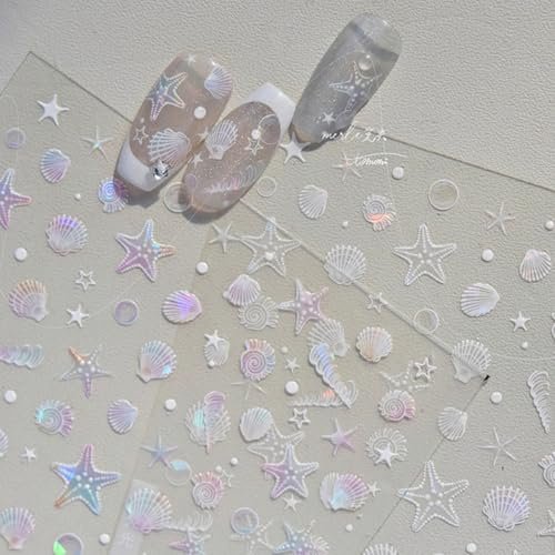 Summer Seashell Starfish Nail Art Stickers - Shiny Shell Marine Life Nail Decals, 5D Acrylic Engraved Adhesive Sliders for Women & Girls - görsel 3
