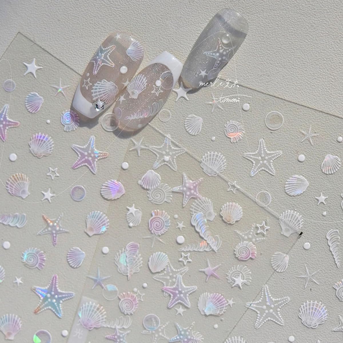 Summer Seashell Starfish Nail Art Stickers - Shiny Shell Marine Life Nail Decals, 5D Acrylic Engraved Adhesive Sliders for Women & Girls - görsel 4
