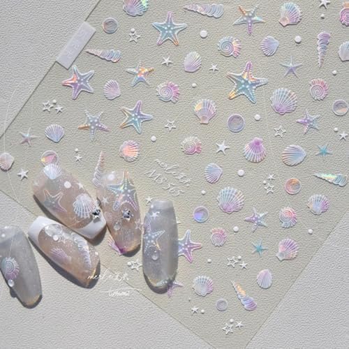 Summer Seashell Starfish Nail Art Stickers - Shiny Shell Marine Life Nail Decals, 5D Acrylic Engraved Adhesive Sliders for Women & Girls - görsel 5
