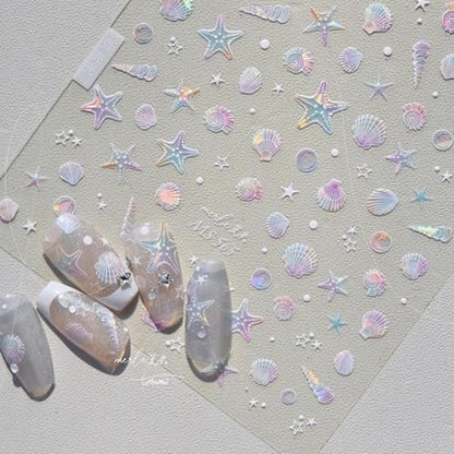 Summer Seashell Starfish Nail Art Stickers - Shiny Shell Marine Life Nail Decals, 5D Acrylic Engraved Adhesive Sliders for Women & Girls
