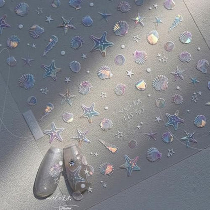 Summer Seashell Starfish Nail Art Stickers - Shiny Shell Marine Life Nail Decals, 5D Acrylic Engraved Adhesive Sliders for Women & Girls