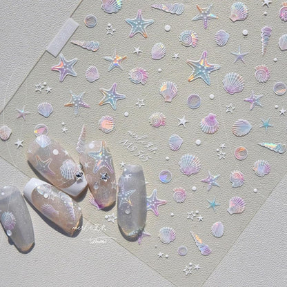 Summer Seashell Starfish Nail Art Stickers - Shiny Shell Marine Life Nail Decals, 5D Acrylic Engraved Adhesive Sliders for Women & Girls