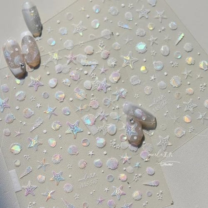 Summer Seashell Starfish Nail Art Stickers - Shiny Shell Marine Life Nail Decals, 5D Acrylic Engraved Adhesive Sliders for Women & Girls